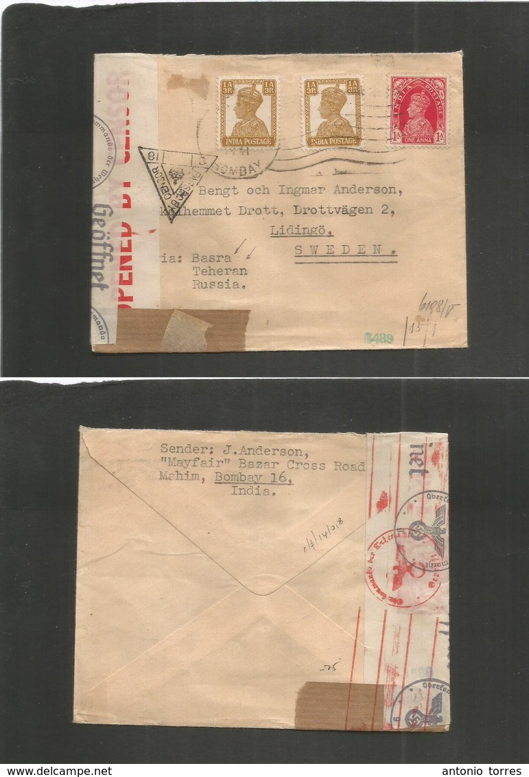 India. 1941. IRAQ - IRAN - RUSIA. Bombay - Sweden, Lidingo. Multifkd + Dual British + Nazi Censored. Via Basra - Teheran - Autres & Non Classés