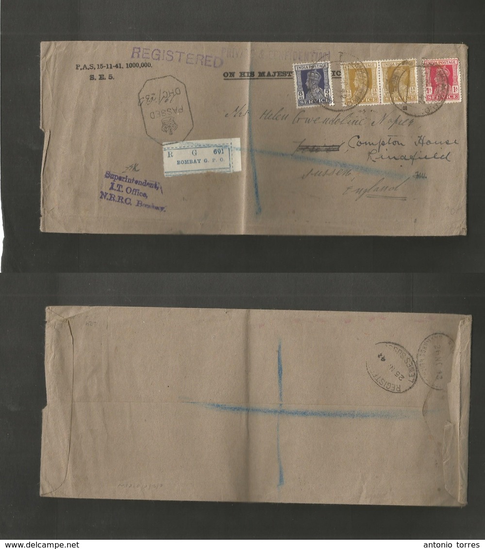 India. 1942 (15 Sept) Bombay GPO - England, Sussex (25-26 Nov) OHMS Registered Multifkd Usage Envelope "IT Office. NRRC" - Autres & Non Classés