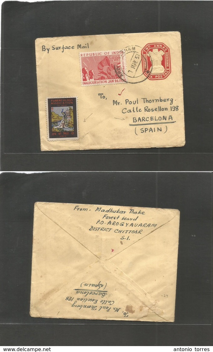 India. 1951 (7 March) Arogyanaram - Spain, Barcelona. 2 Anna Red Stat Env + Adtl + T-label. Rare Destination + Turbecolo - Autres & Non Classés