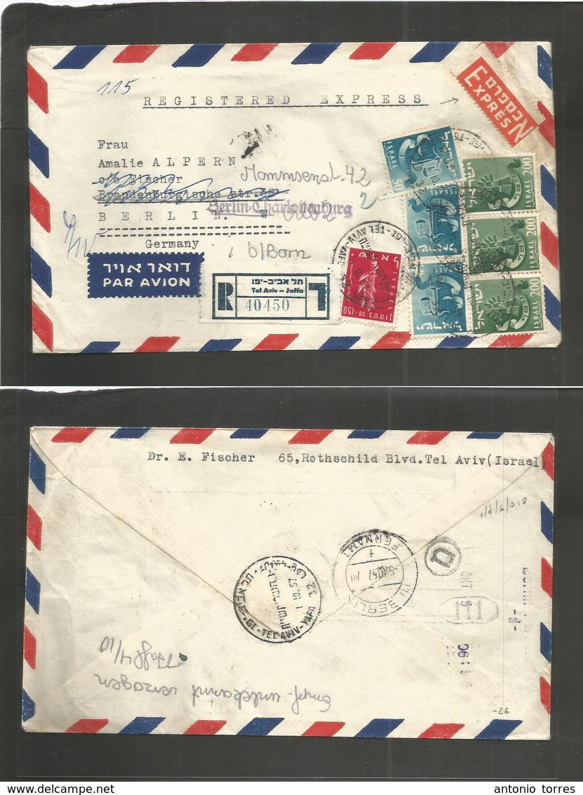 Israel. 1957 (1 Oct) Tel Aviv, Jaffa - Germany. Registered Express Mail Service Airmail Multifkd Envelope. VF + 2 Specia - Andere & Zonder Classificatie