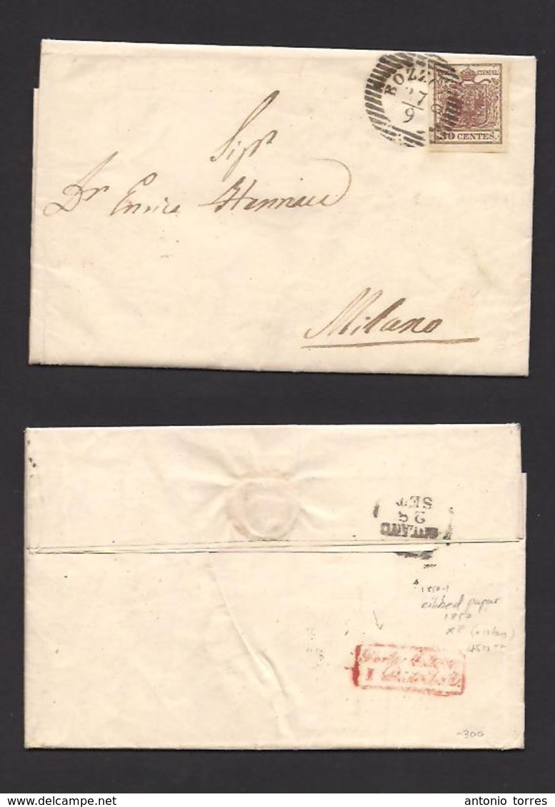 Italy Lombardy - Venetia. 1851 (27 Sept) Bozzolo - Milano (28 Sept) EL Full Text Fkd LV 30 Cts Ribbed Paper, Huge Margin - Non Classés