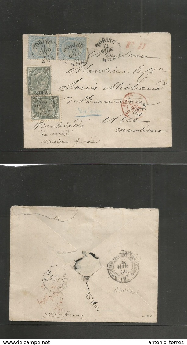 Italy. 1864 (12 June) Torino - France, Nice (15 June) Multifkd Envelope With 5c Green (x2) + 20c Blue (pair), Tied Cds,  - Non Classés