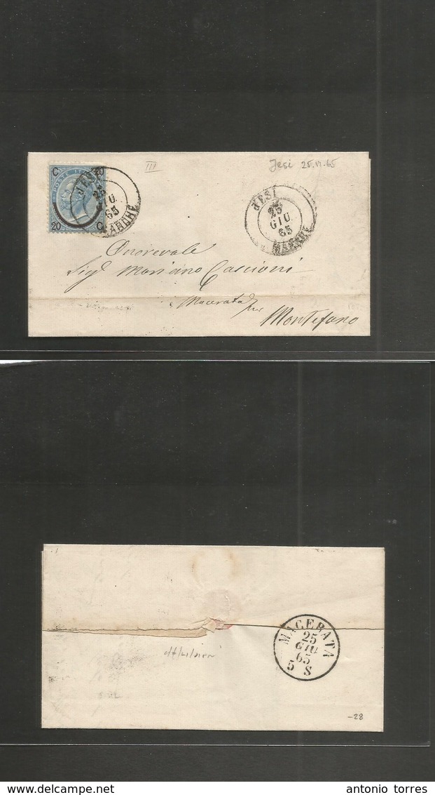 Italy. 1865 (25 June) Jesi, Marche - Montifano. 20c Ovptd Blue Stamp (type III), Tied Cds, Also Alongside Via Macerata.  - Ohne Zuordnung
