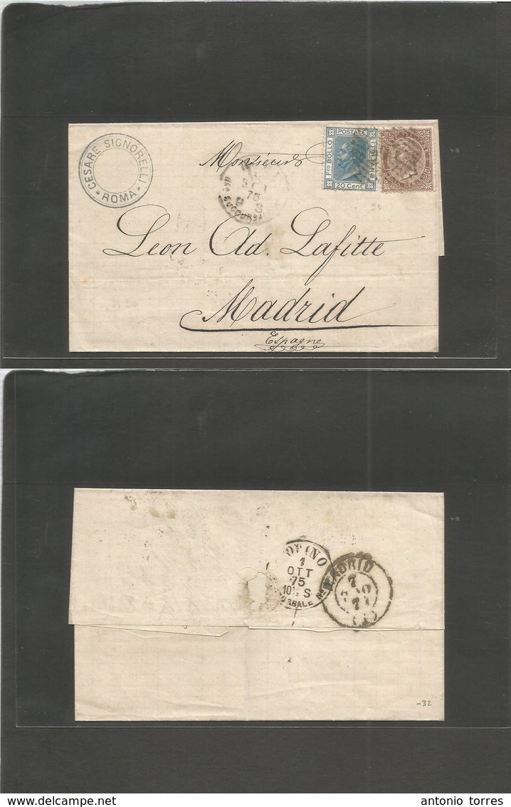 Italy. 1875 (30 Sept) Roma - Spain, Madrid (7 Oct) EL Fkd 30c Brown + 20c Blue, Tied Dots + Cds Alongside. Nice Usage. - Ohne Zuordnung