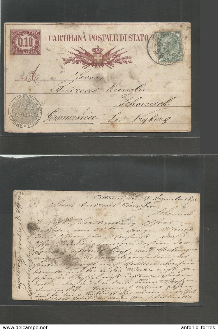 Italy - Stationery. 1878 (4 Sept) Catania, Sicily - Germany, Schonak 0,10c Line Red Early Stat Card + 5c Green Adtls On  - Non Classés