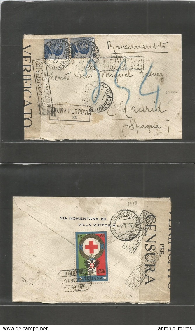 Italy - Xx. 1917 (30 Dec) Roma Ferrovia - Spain, Madrid (9 Enero) Registered Multifkd Env, Tied Red Cross Color Label On - Non Classés