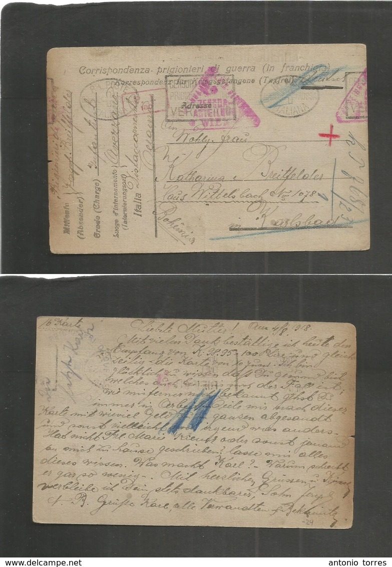 Italy - Xx. 1918 (4 Aug) POW. Czech - Austrian Internee Mail On FM Card Usage To Karlshad, Bohemia. Several Cachet. Fine - Non Classés