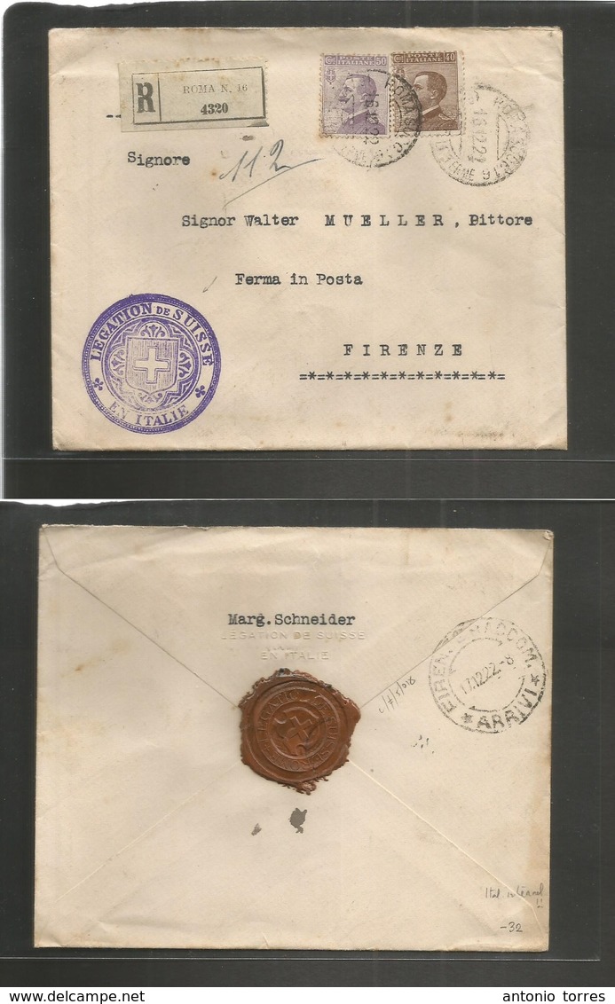 Italy - Xx. 1922 (16 Dec) Rome - France (17 Dec) Swiss Consular Mail On Internal Registered Fkd Envelope With Violet Cac - Non Classés