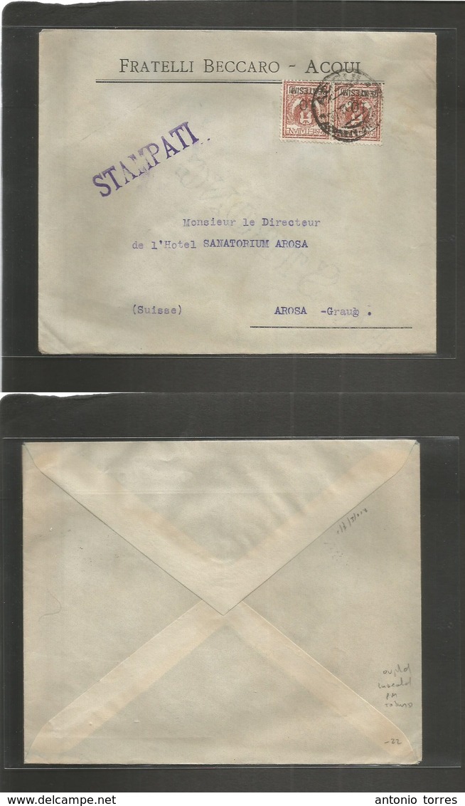 Italy. 1923 (27 Nov) Acqui - Arosa, Switzerland. Unsealed PM Rate Ovptd 10c/2c Pair, Envelope. Fine. - Non Classés