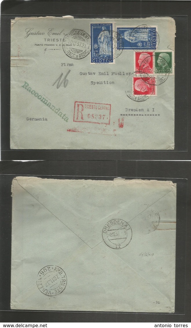 Italy - Xx. 1937 (30 Nov) Trieste - Germany, Dresden (2 Dec) Registered Multifkd Env. Comm Stamps. Giotto + Fine. - Non Classés