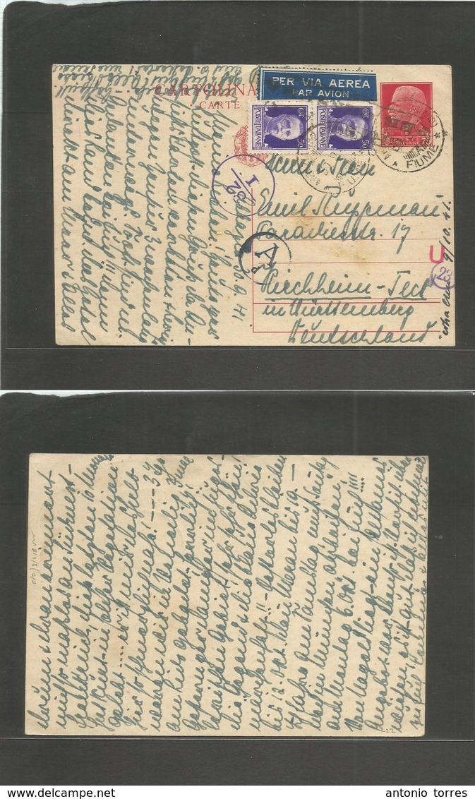 Italy - Stationery. 1941 (30 Sept) Abbazia, Fiume - Germany, Riechheim 75c Red Stat Card + 2 Adtls, Airmail + Censored. - Non Classés