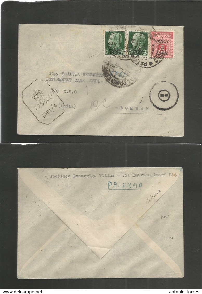 Italy - Xx. 1944 (15 Dec) Libertad Aerea. Palermo - India, Bombay. Allied Mil Post / Mixed Franking To POW Interment Cam - Non Classés