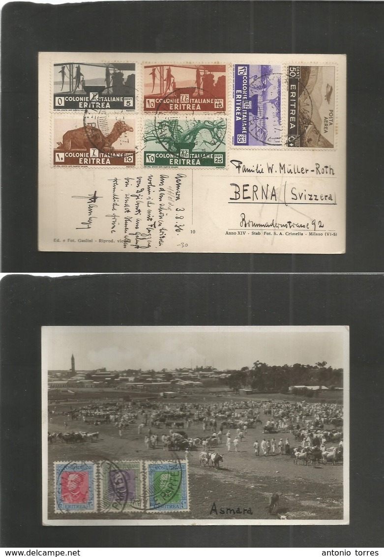 Italian Colonies. 1936 (3 Aug) ERITREA, Asmara - Switzzerland, Bern. Multifkd Ppc. Nice Fauna, Fish, Camel, Sharks. Loca - Non Classés
