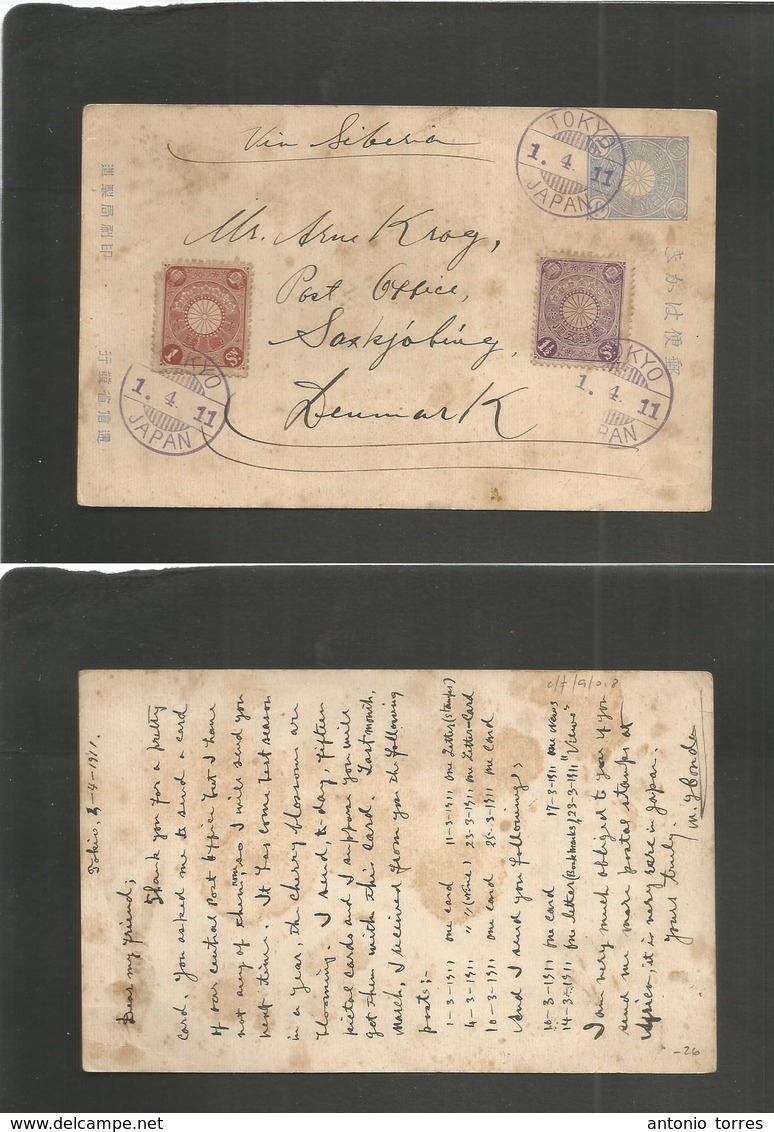 Japan. 1911 (1 April) Tokyo - Denmark, Saxkjobing 1/2 Blue Sen Stat Card + 2 Adtls, Violet Cds. Via Siberia. - Autres & Non Classés