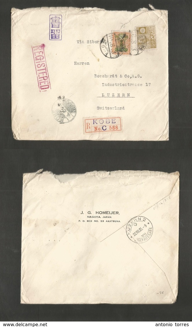 Japan. 1935 (3 Aug) Nagoya - Switzerland, Luzern (22 Aug) Registered Multifkd Env. Transit R-label + 2 Aux Cachets Cds.  - Sonstige & Ohne Zuordnung