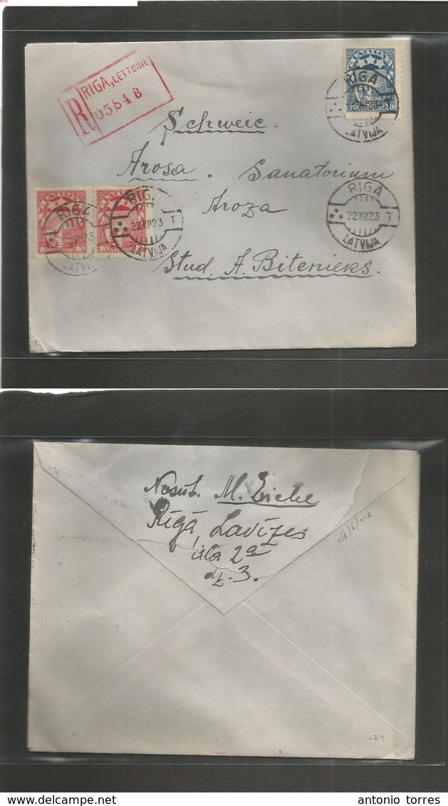 Latvia. 1923 (22 Dec) Riga - Switzerland, Arosa. Registered Multifkd Env. VF Cachets Appliance. Nice Item. - Lettonie