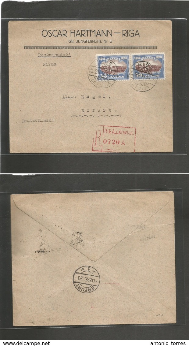 Latvia. 1928 (29 Nov) Riga - Germany, Enfurt (1 Dec) Registered Multifkd Env. VF Condition. Lovely Item. - Latvia