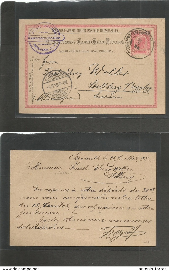 Lebanon. 1898 (26 July) Austria Levant Post Office. Beyrouth - Germany, Stollberg (4 Aug) 20p/5kr. Rose Stat Card, Comer - Libanon