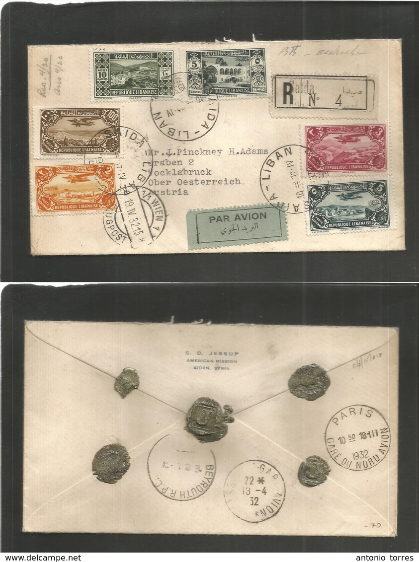 Lebanon. 1932 (10 Abril) Saida, Liban - Austria, Vocklabruck. Registered Air Multifkd Envelope VF Usage. Via Paris (18 A - Liban