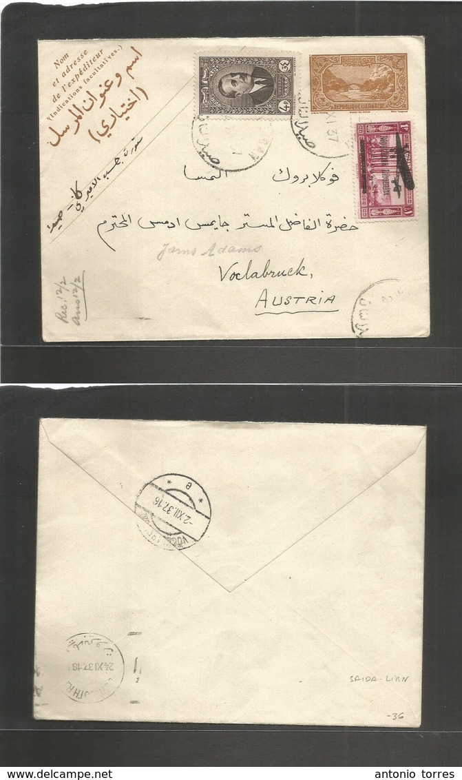 Lebanon. 1937 (23 Nov) Saida Lebanon - Austria, Voclabruck (2 Dec 37) 4 Piasters Brown Stationery Envelope + 2 Adtls. Fi - Liban