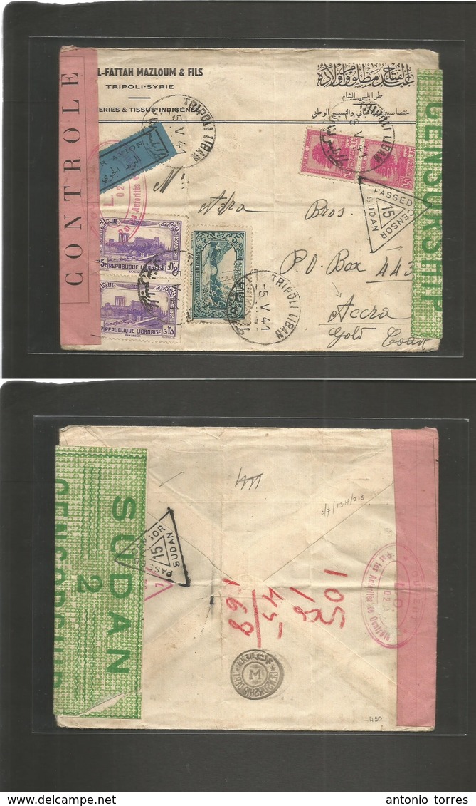 Lebanon. 1941 (5 May) Tripoli - Accra, Gold Coast. Air Multifkd Mixed Issues + Multifkd Censored Envelope. Camed Via SUD - Liban