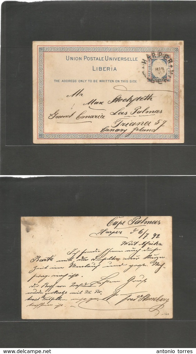 Liberia. 1892 (6 July) Cape Palmas, Harper - Spain, Canary Islands, Atlantic Ocean, Las Palmas. 3c Tricolor Stat Card. V - Liberia