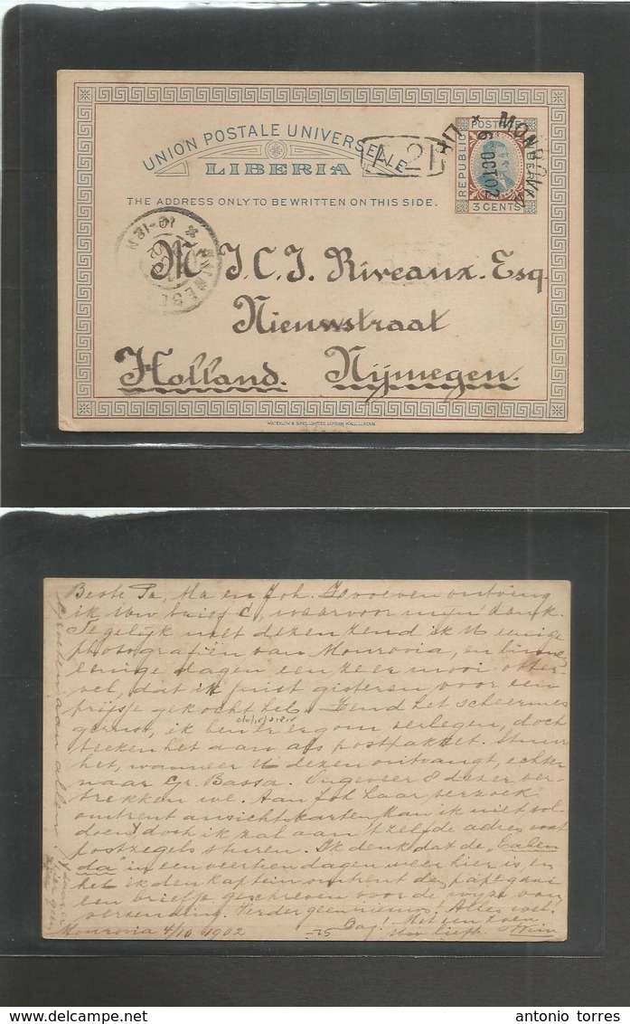 Liberia. 1902 (4 Oct) Monrovia - Netherlands, Nijmegen. 3c Tricolor Stat Card, Cds + Arrival On Front. VF. - Liberia