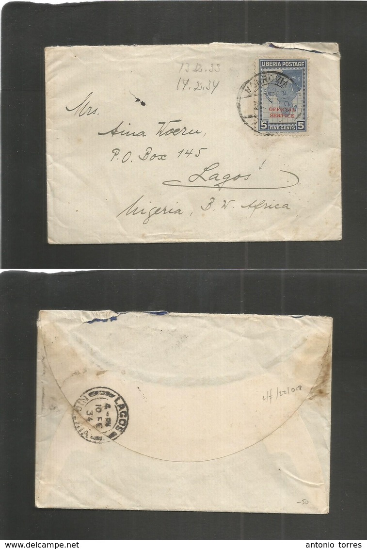 Liberia. 1933 (13 Dec) Monrovia - Lagos, Nigeria, British West Africa (10 Feb 34) Fkd Envelope Official Service Stamp Cd - Liberia