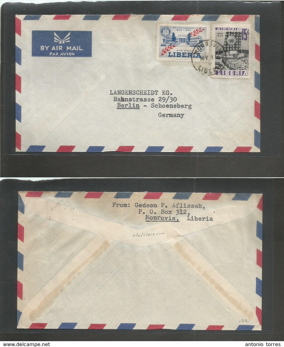 Liberia. 1955 (May 11) Monrovia - Germany, Berlin. Air Multifkd Env. UNO Issue Anniv. - Liberia