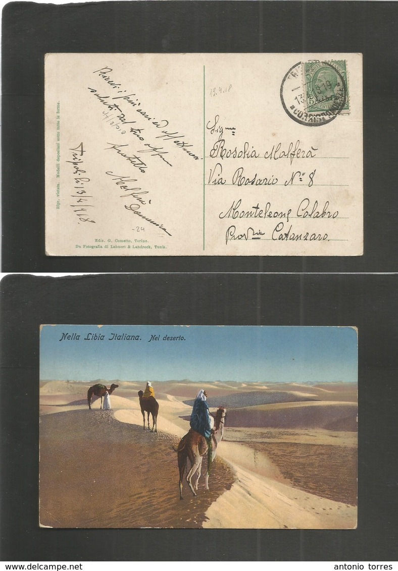 Libia. 1918 (13 April) Italian PO. Tripoli - Italy, Monteleone Calabro, Catanzaro. Fkd Ppc. 5c Green Ovptd Cds. Fine. - Libye