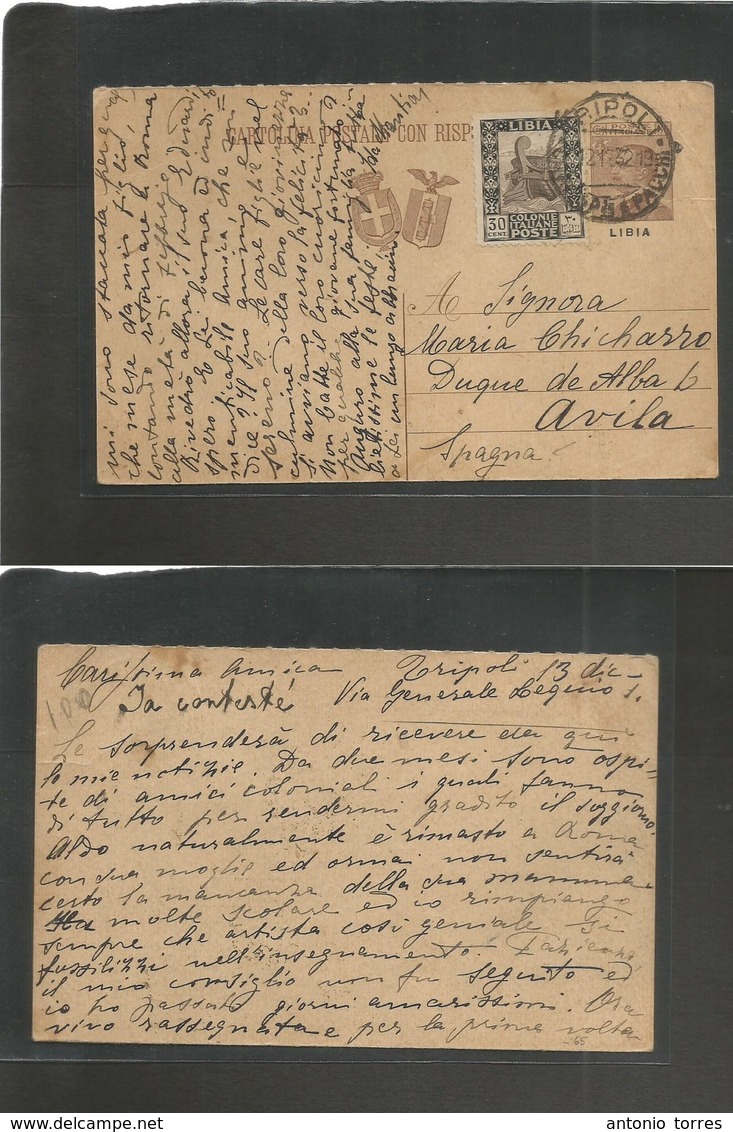 Libia. 1932 (12 Dec) Italian Ovptd Stationary Card. Tripoli - Spain, Avila. 30c Brown Stat + Adtl, Cds. Rarity Familiar  - Libye