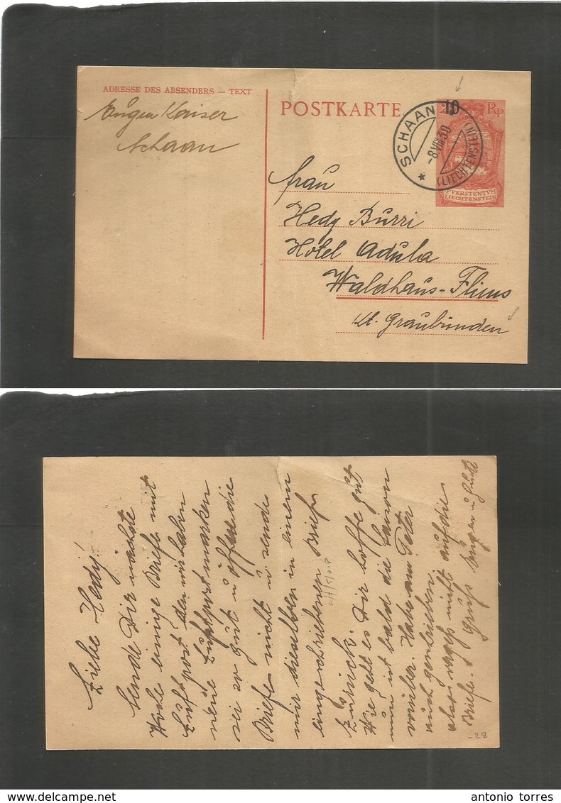 Liechtenstein. 1930 (8 Aug) Schaan - Switzzerland, Waldhaus. 10 / 25 Rp Ovptd Stat Card. VF Used. - Autres & Non Classés