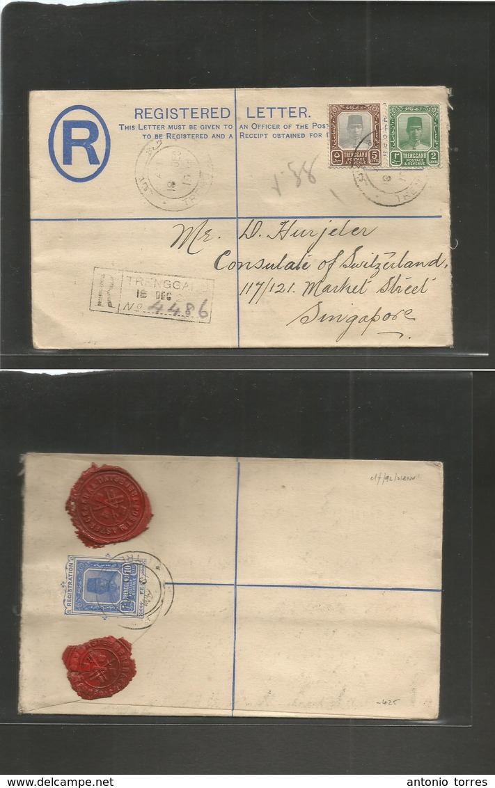 Malaysia. 1924 (18 Dec) Trengganu - Singapore. Registered 10 Cent Trengganu Stationary Envelope + 2 Adtls, Tied Cds, Als - Malaysia (1964-...)