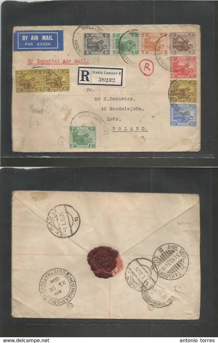 Malaysia. 1934 (21 Dec) Kuala Lumpur - Poland, Lodz (1 Jan 35) Registered Multifkd Envelope. Via Singapore - Venezia (31 - Malaysia (1964-...)