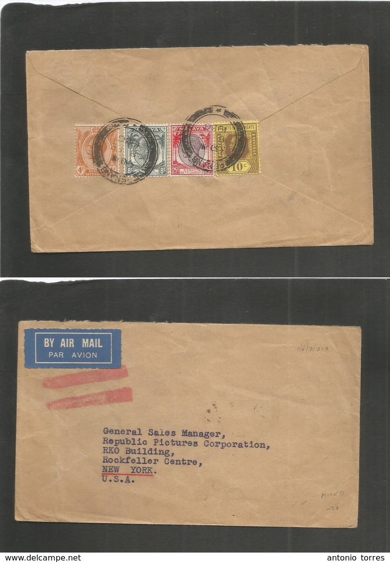 Malaysia. 1936 (8 Sept) Pennang - USA, NYC. Air Multifkd Env. Mixed Issues Malaya + St. Settlements, Cds. Fine. - Malaysia (1964-...)