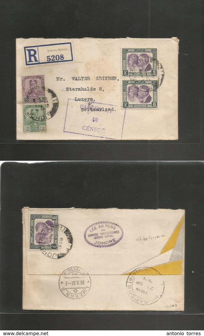 Malaysia. 1939 (26 Sept) CHINESE PROTECTORATE CHOP. Johore Bahru - Switzerland, Luzern (30 Oct). Via Singapore. Register - Malaysia (1964-...)