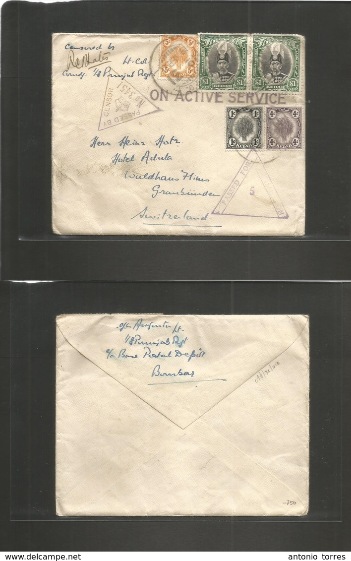 Malaysia. 1941 (19 Sept) Kedah. FPO Bombar - Switzerland, Granbunden. OAS WWII Punjab Regiment Air Fkd $2,10 High Rate M - Malaysia (1964-...)