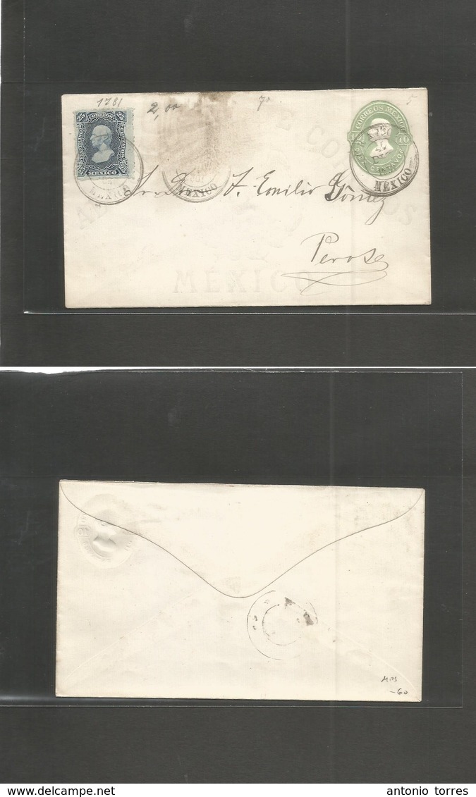 Mexico - Stationery. 1881. Mexico - Perote. 10c Green Hidalgo Stat Envelope, Watermark Paper (1781 Consign) +25 Cts Blue - México