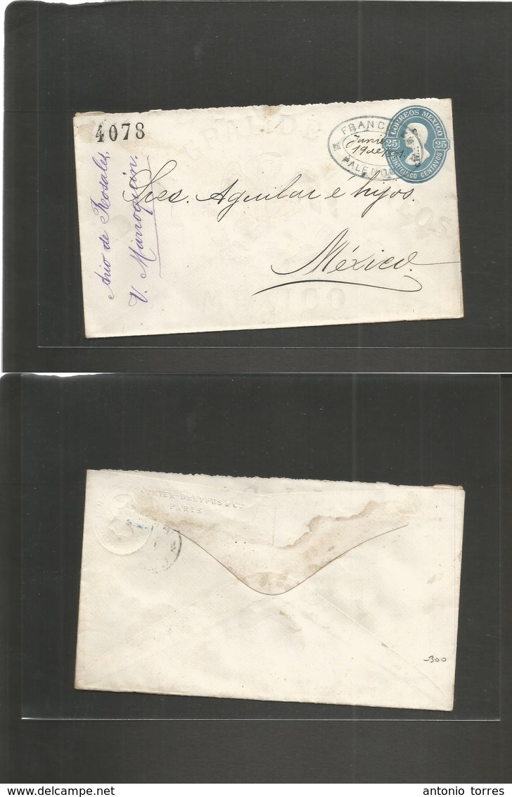 Mexico - Stationery. 1881 (19 Junio) Ario De Rosales, Palenque - Mexico DF. Early 25c Light Blue Stat Envelope, Wmk Pape - Mexiko