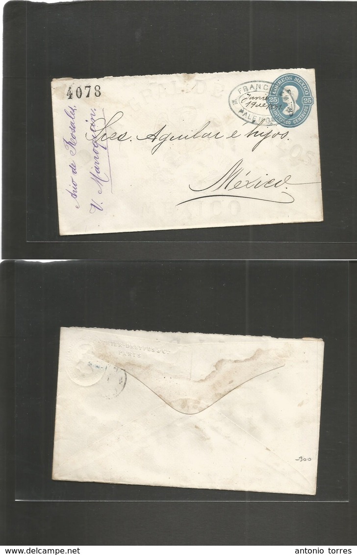 Mexico - Stationery. 1881 (19 Junio) Ario De Rosales, Palenque - Mexico DF. Early 25c Light Blue Stat Envelope, Wmk Pape - Mexique