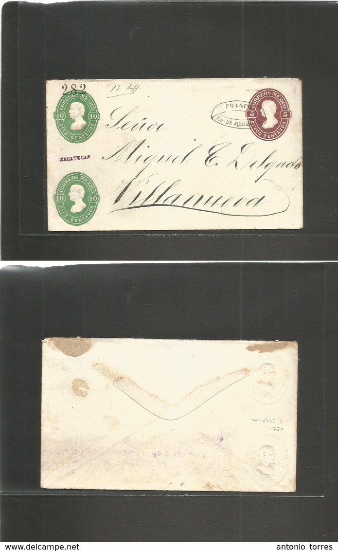 Mexico - Stationery. 1882. Zacatecas - Villanueva. Triple Print 5c Lilac + 10c Green (x2), Violet District Name + 282 Co - Mexiko