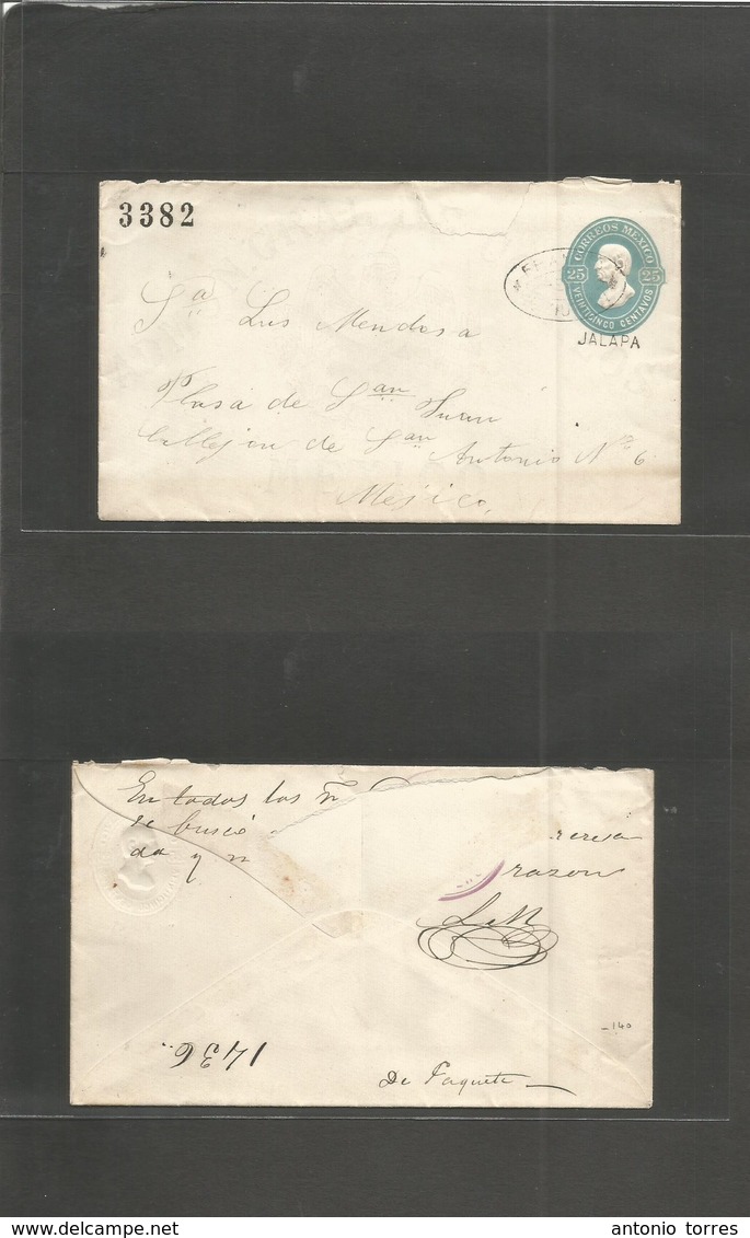 Mexico - Stationery. 1882. Tezintlan - Mexico DF. 25c Light Blue Hidalgo Stat Env, Jalapa Name, 3382 Consign Oval Franco - México