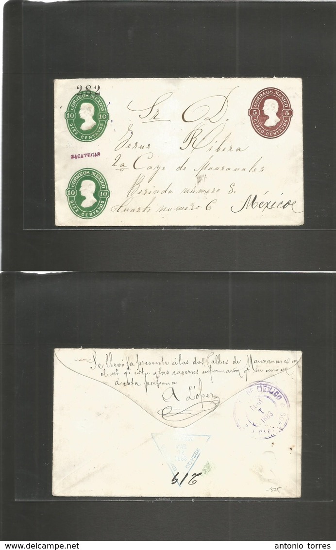 Mexico - Stationery. 1883 (Feb) Zacatecas - Mexico DF (1 Mar 30) Triple Print Hidalgo Issue Stationary Envelope, Violet  - Mexique