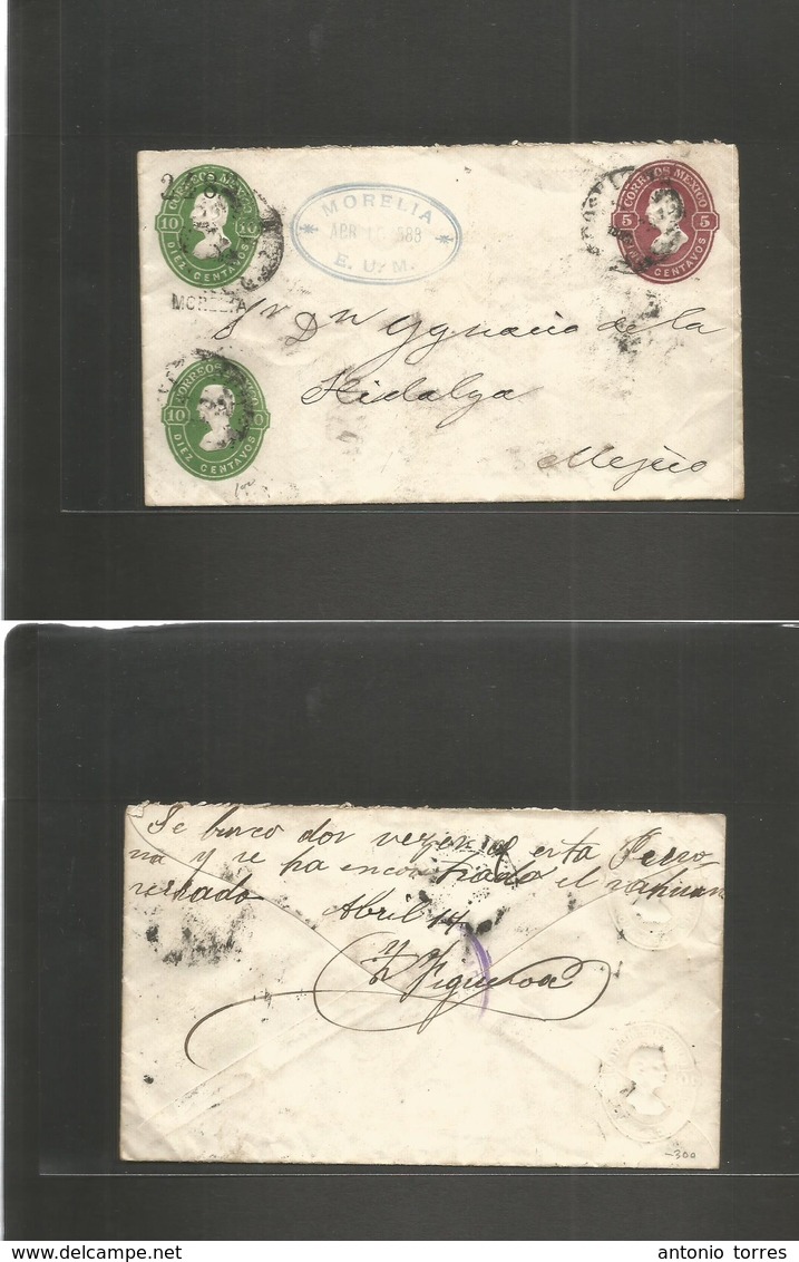 Mexico - Stationery. 1883 (16 April) Morelia. DF. Hidalgo Triple Print Stationary Envelope. Morelia Name + 2483 Consigme - Mexique
