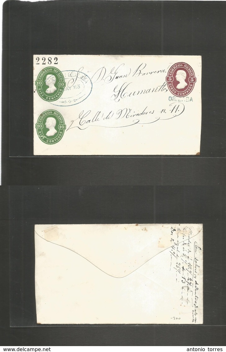 Mexico - Stationery. 1883 (May) Orizaba - Humanlta. Triple Print Hidalgo Issue Stat Envelope Blue Name + 2282 Consignmen - Mexique