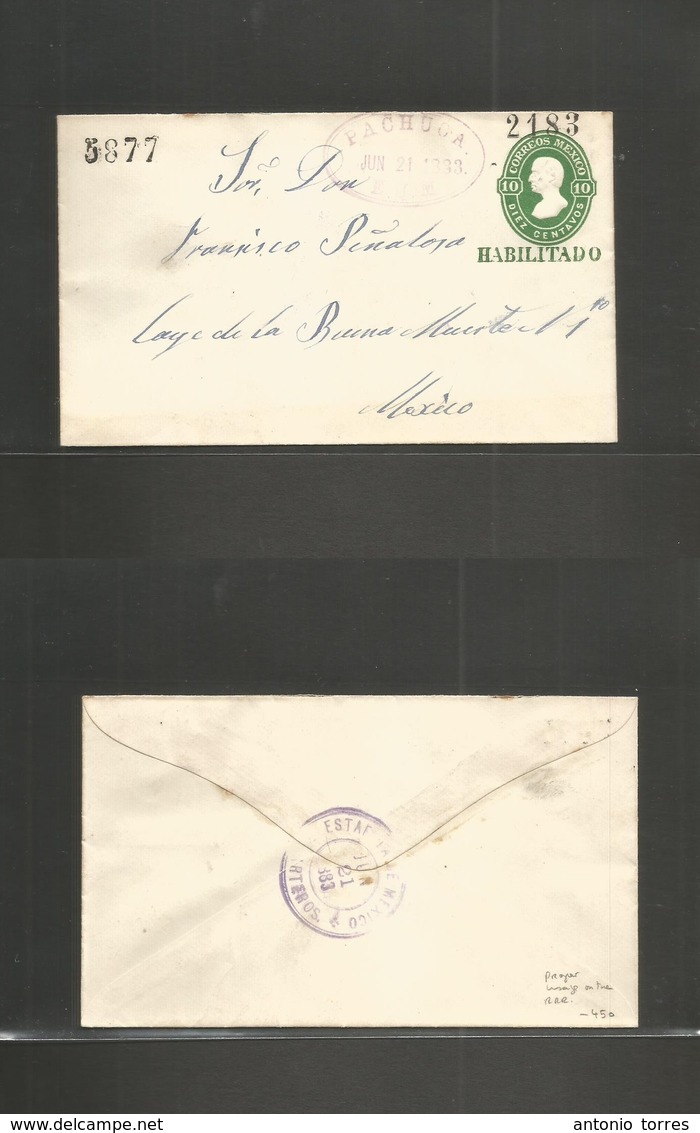 Mexico - Stationery. 1883 (21 Junio) A Rare HABILITADO Proper Usage ON TIME At Exact Rate. Pachuca - DF (21 Junio) 10c G - Mexique