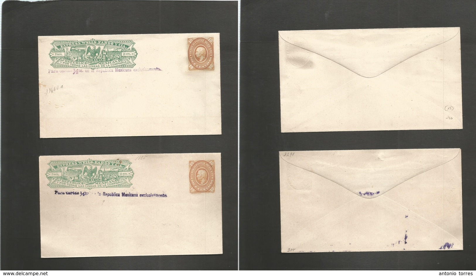 Mexico - Stationery. 1885. Mint Wells Fargo Stationery Envelope + 10c Orange Medallion. 2 Different 1/2 Onz Republica Ov - Mexico
