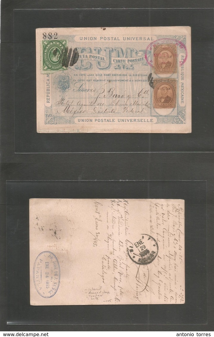 Mexico - Stationery. 1885 (24 Enero) Papantla - Mexico DF. EUM 1c Brown (x2) Juarez Foreign Issue + 1c Green Medalion On - Mexique