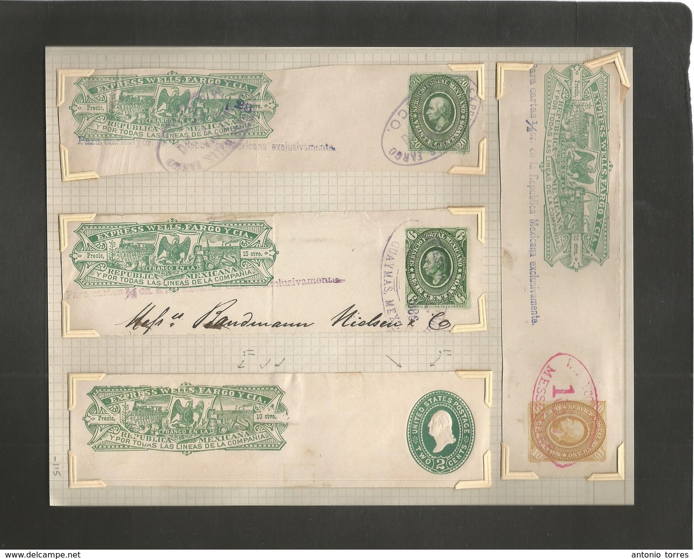 Mexico - Stationery. C. 1886. Wells Fargo Stationaries. 4 Fragments Incl Diff Issues. One With Better US 2 Cts Green In  - Mexiko