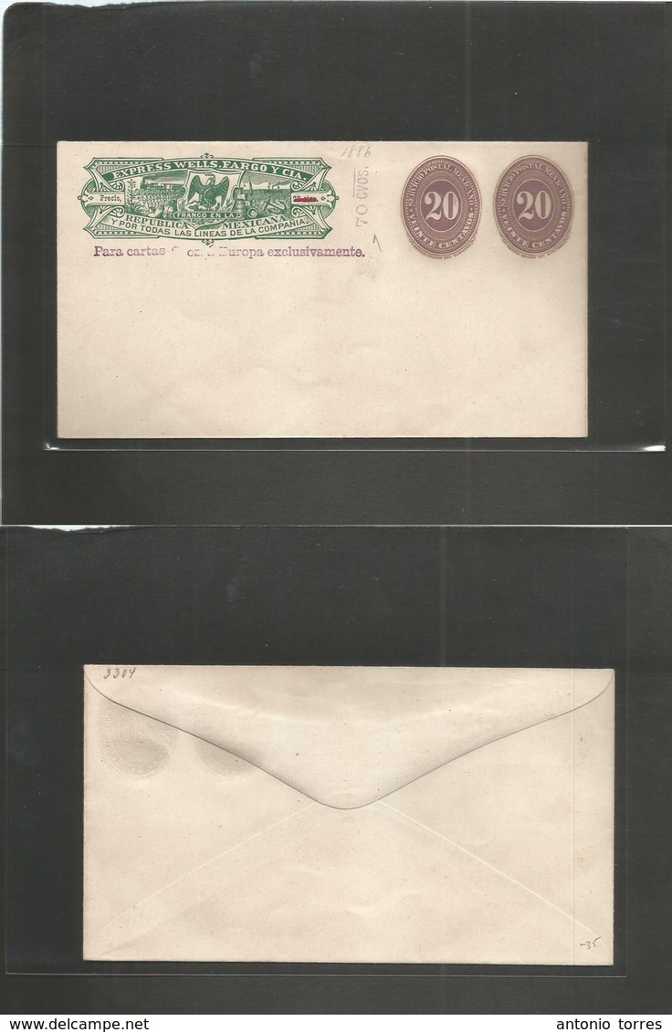 Mexico - Stationery. 1886. Mint Stat Env Revalidated 70 Ctvos. Wells Fargo + 20c Lilac (x2) Large Numeral. VF. - Mexique